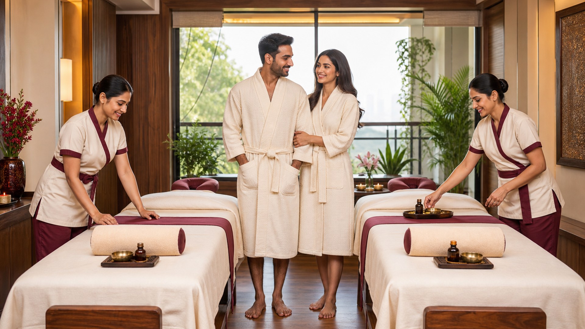 Adult couple and professional therapists in a warm premium massage setting