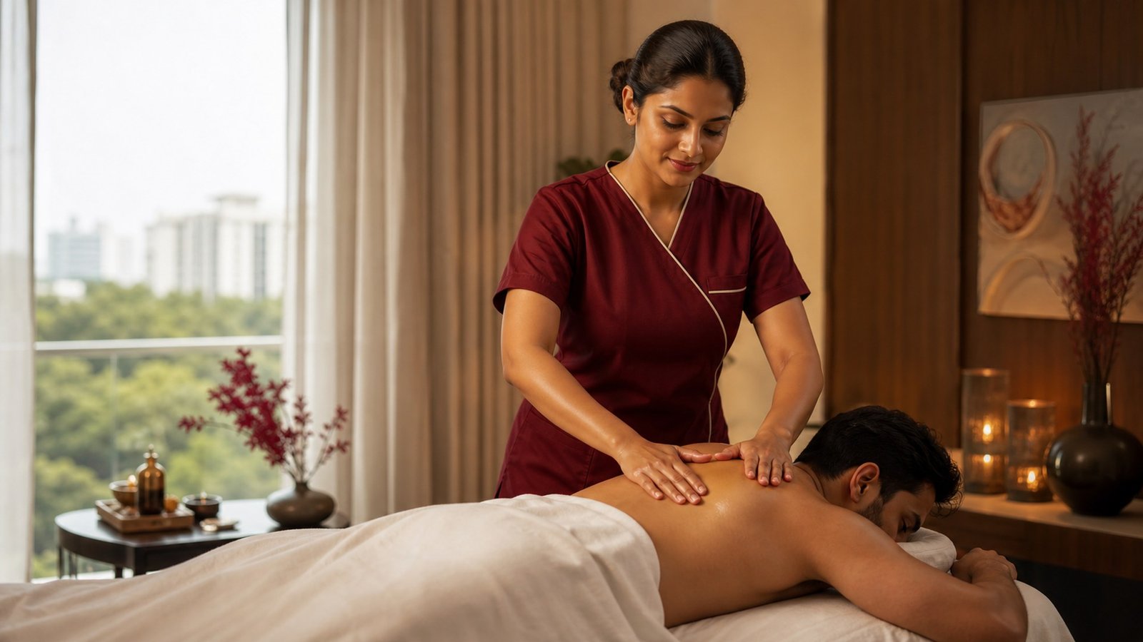 Professional therapist providing a deep tissue back massage to an adult male client