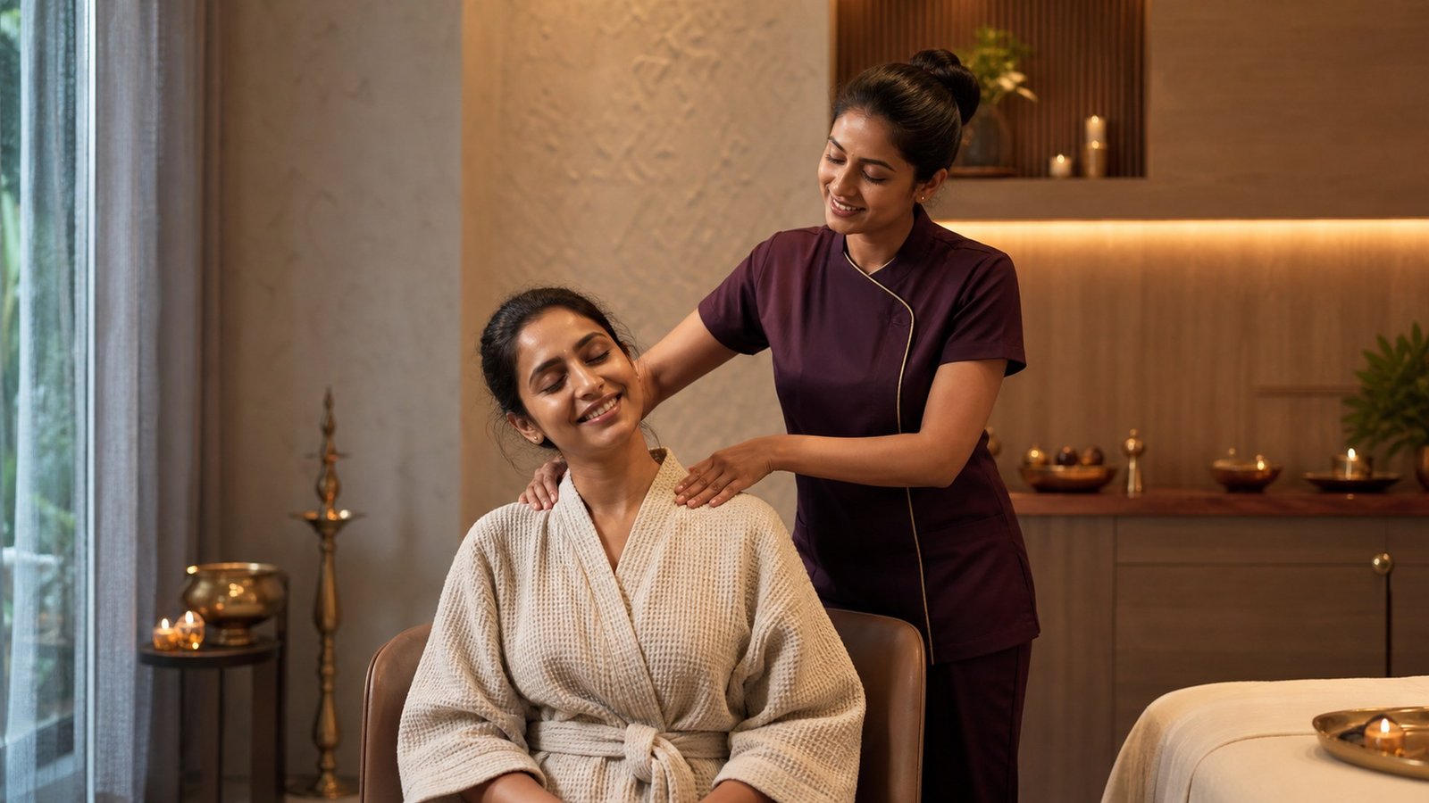 Professional therapist giving a relaxing shoulder massage to an adult woman